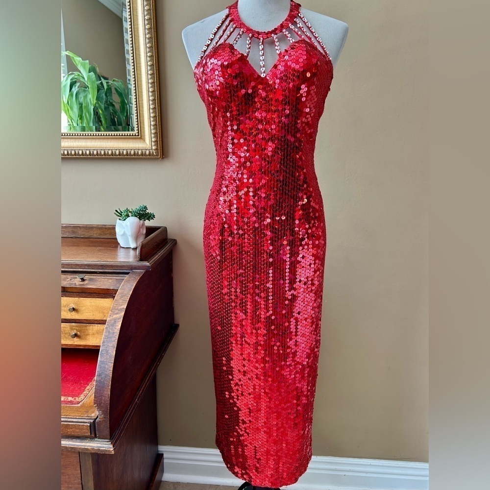 Vintage Niteline Della Roufogali Red Sequin Beaded Gown Maxi Dress Size 12